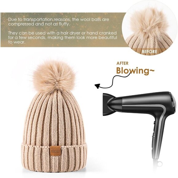 Women\'s Beanie Fleece Lined Red Winter Warm Skull Faux Fur Pom Cuff Hat Cap main image 6